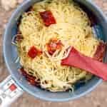 Pasta carbonara in a backpacking pot