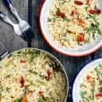 Overhead view of asparagus orzo in a camping bowl on a picnic table